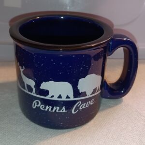 Penns Cave Souvenir Mug Cobalt Blue & White Speckled w/ Wildlife Graphic